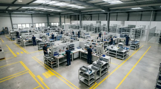 Vue d'ensemble d'un atelier de production moderne réorganisé selon les principes du lean manufacturing