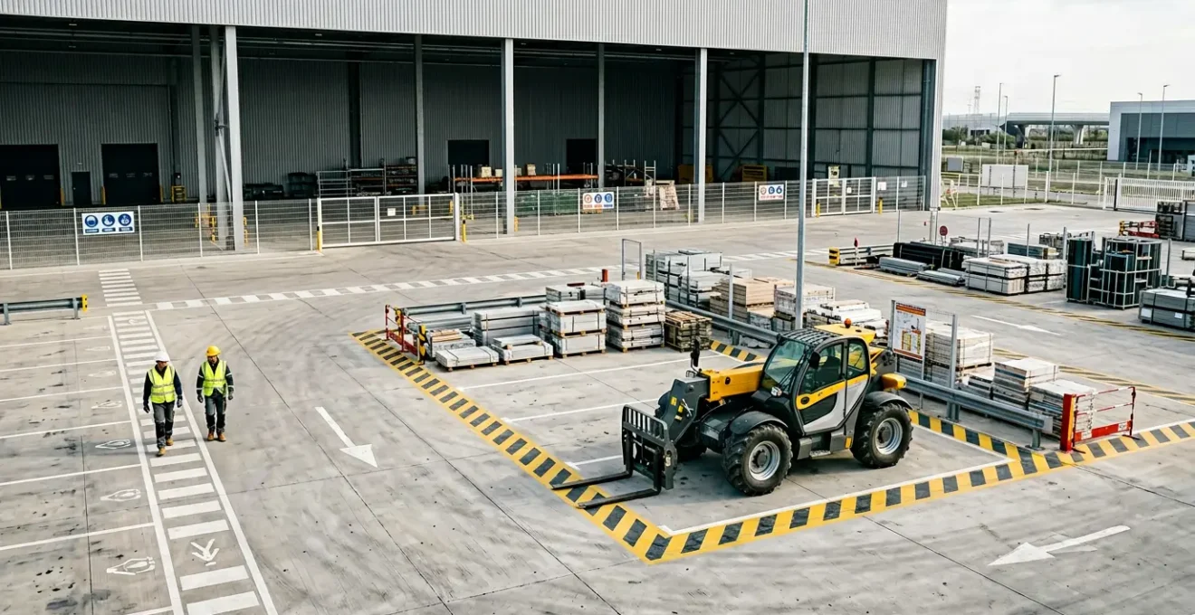 Environnement industriel sécurisé avec engins de levage et équipements de chantier