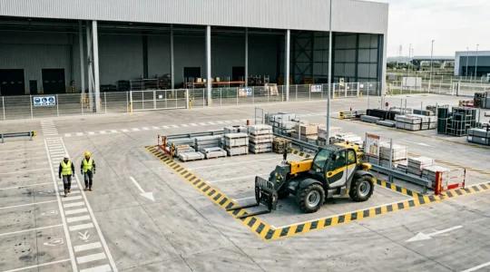 Environnement industriel sécurisé avec engins de levage et équipements de chantier