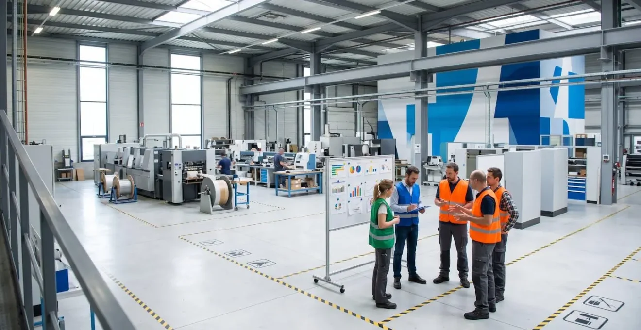 Environnement industriel moderne où collaboration qualité sécurité et production s'harmonisent naturellement