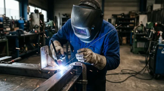 Opérateur en train de souder de l'inox 316L sur de l'acier carbone dans un atelier métallurgique français