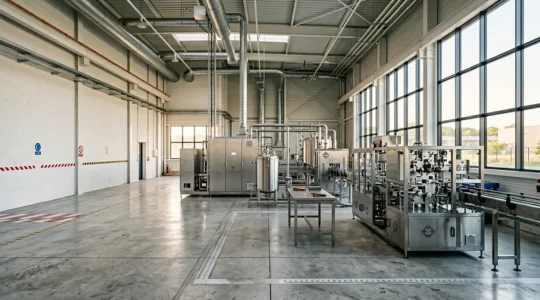 Scène industrielle représentant la transition vers des produits chimiques plus sûrs dans un atelier de fabrication français moderne