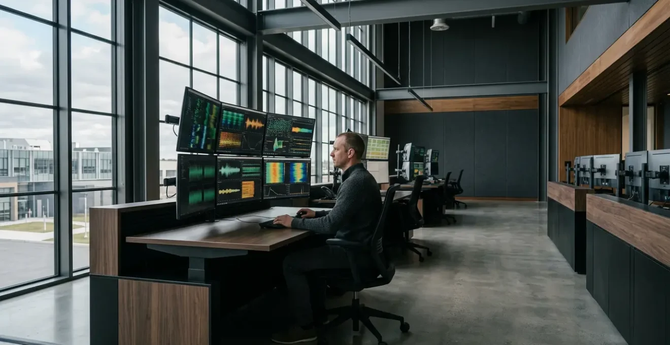 Technicien superviseur dans un centre de contrôle industriel moderne connecté à des machines distantes