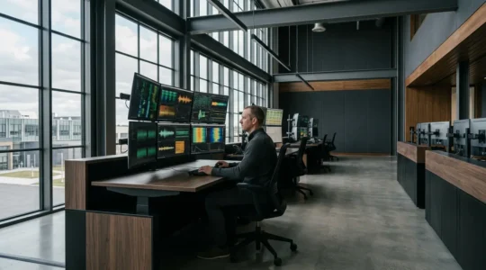 Technicien superviseur dans un centre de contrôle industriel moderne connecté à des machines distantes