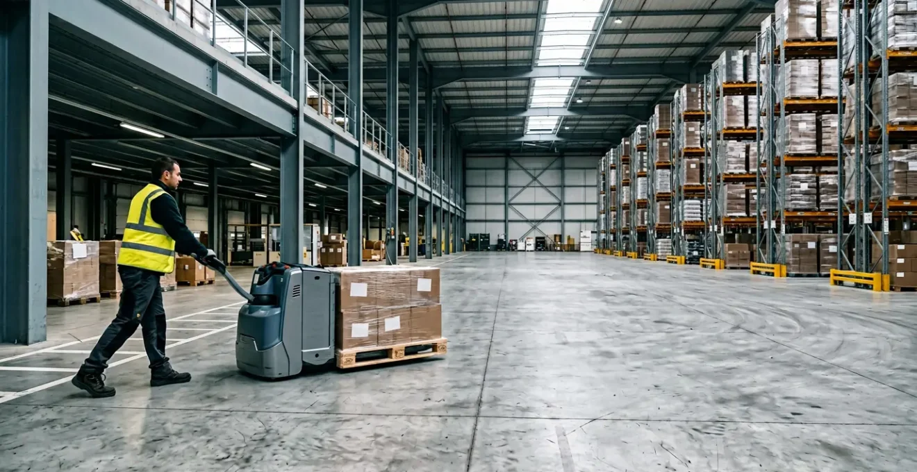 Opérateur utilisant un transpalette électrique dans un entrepôt moderne