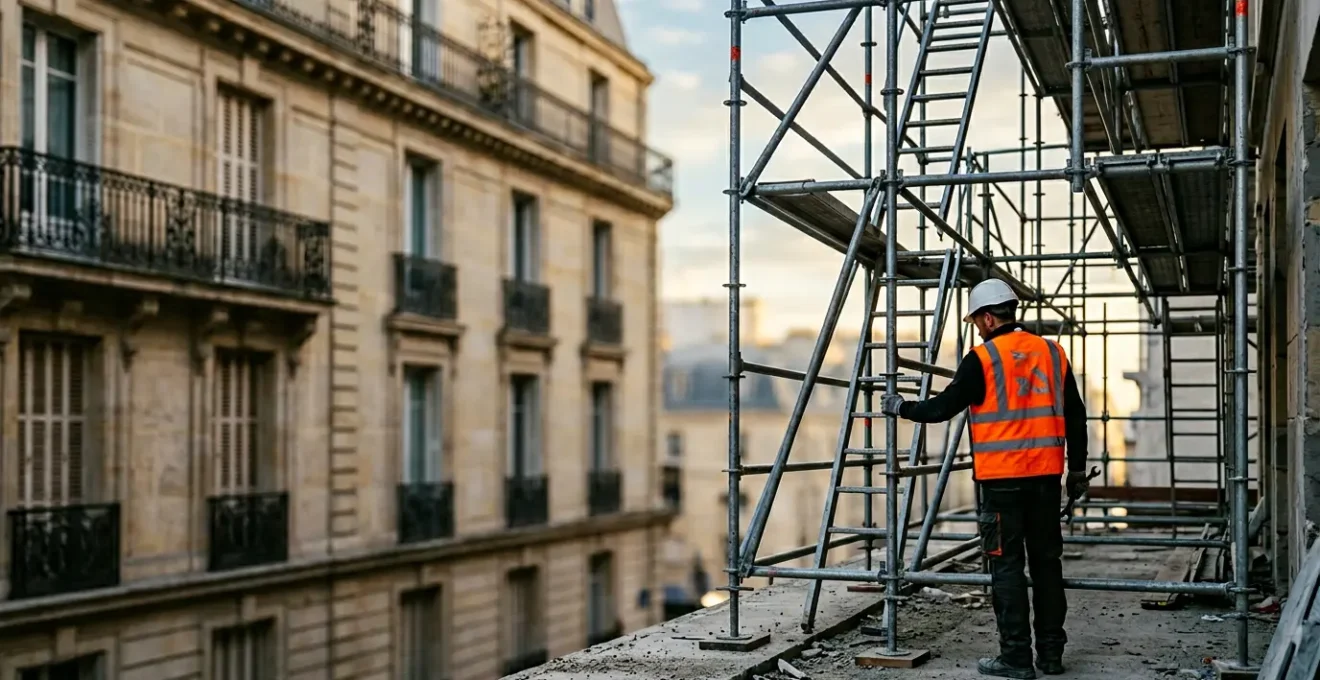 Inspection matinale d'un échafaudage de pied sur chantier de rénovation en France