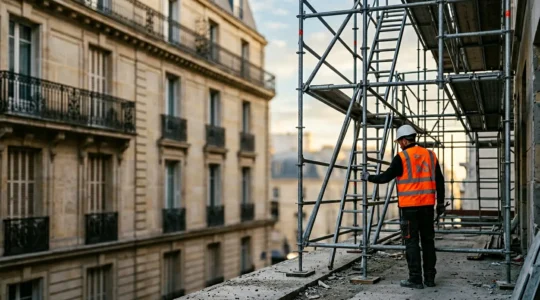 Inspection matinale d'un échafaudage de pied sur chantier de rénovation en France