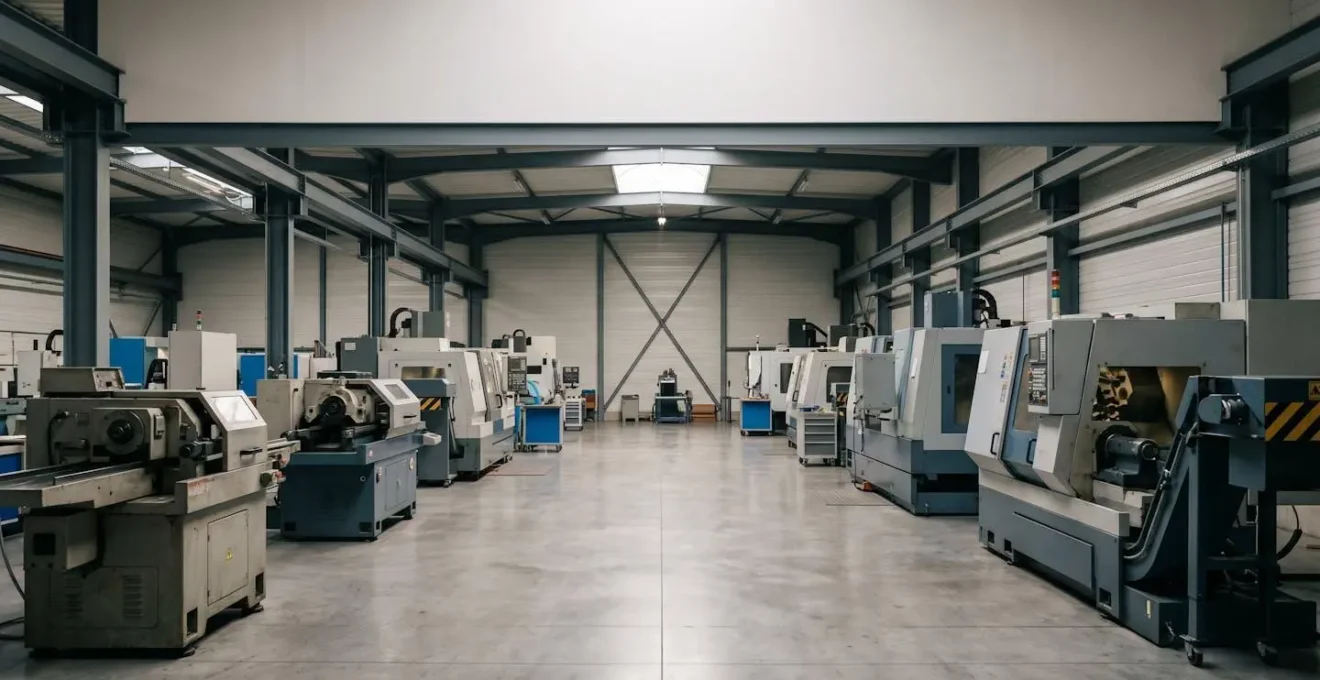 Vue d'ensemble d'un atelier industriel français avec machines de production alignées prêtes pour l'inspection