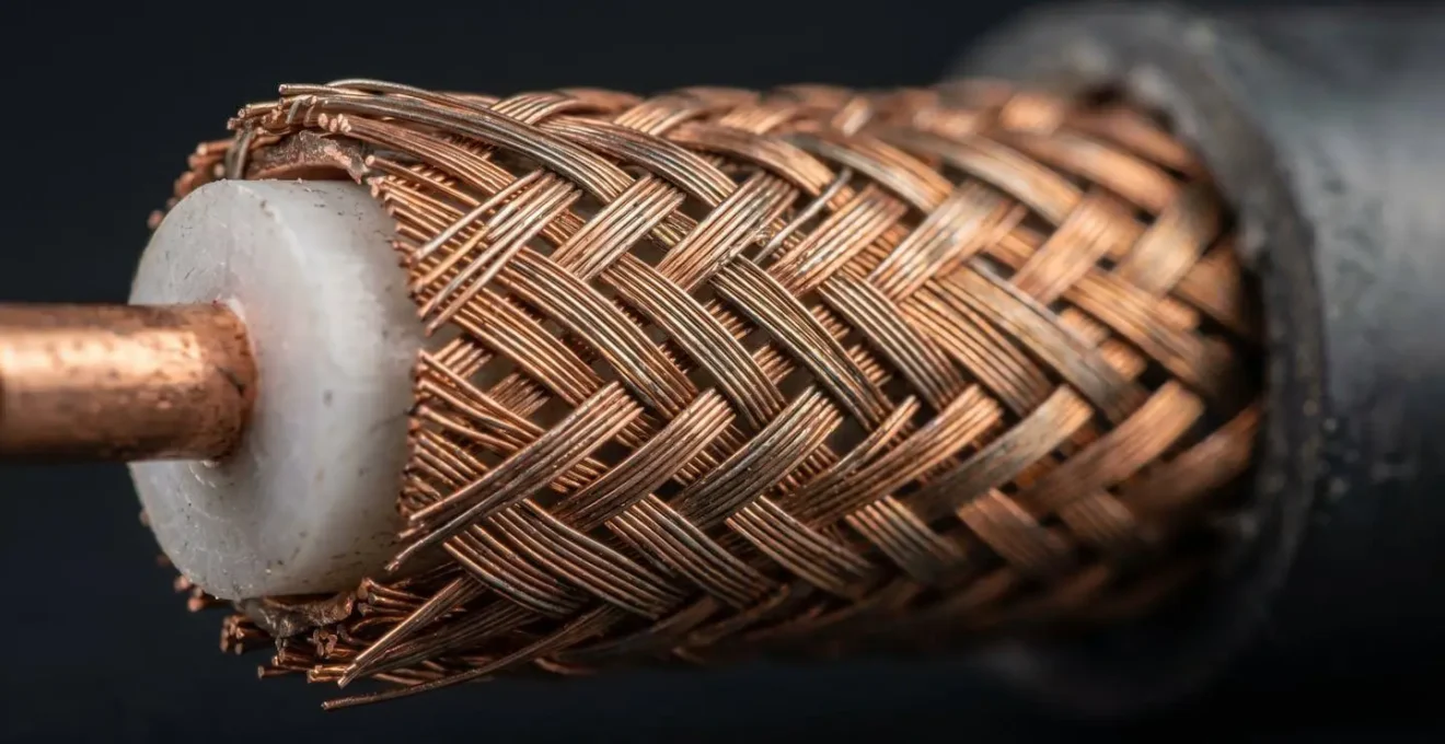 Gros plan sur la tresse de blindage métallique d'un câble industriel