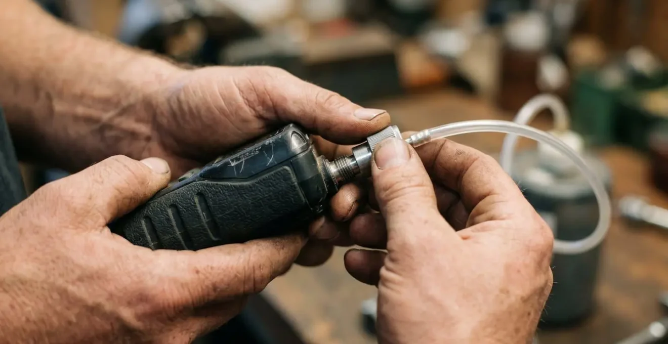 Gros plan sur les mains d'un opérateur effectuant un test fonctionnel rapide sur un détecteur multigaz