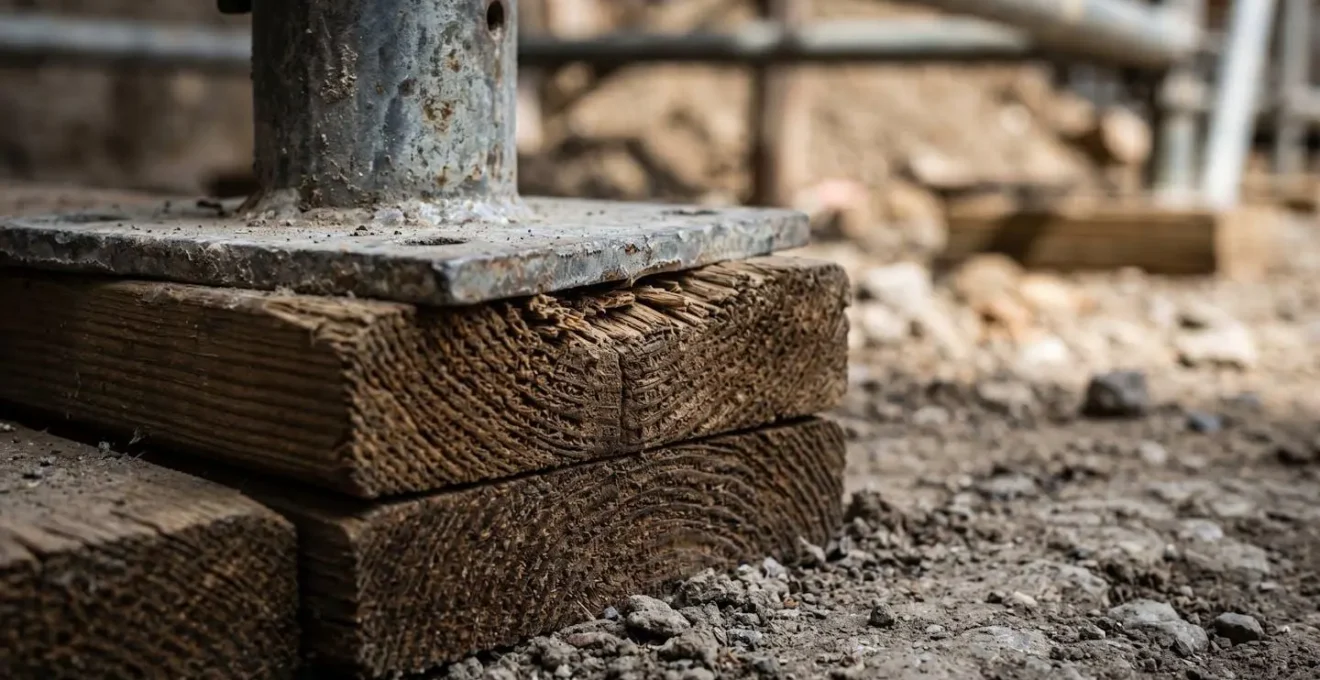 Détail d'une platine d'échafaudage reposant sur des cales de répartition sur sol de chantier