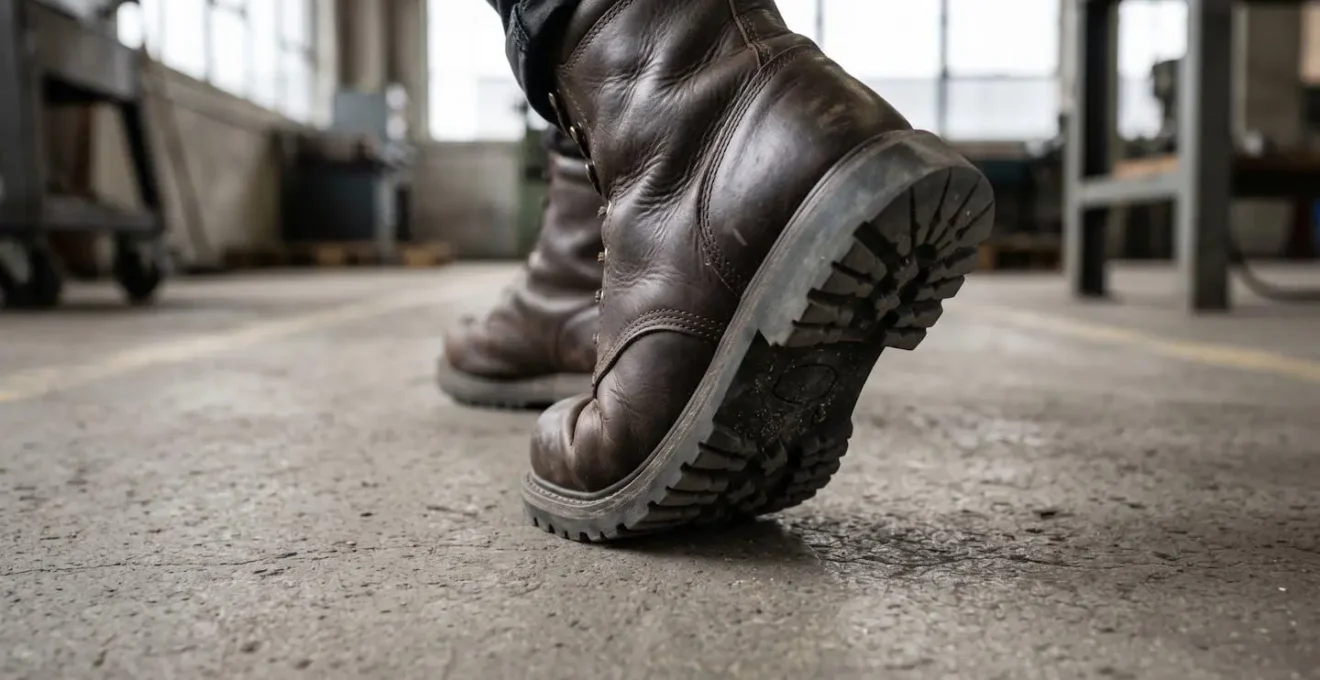 Gros plan sur les pieds d'un opérateur en chaussures de sécurité ergonomiques sur sol industriel