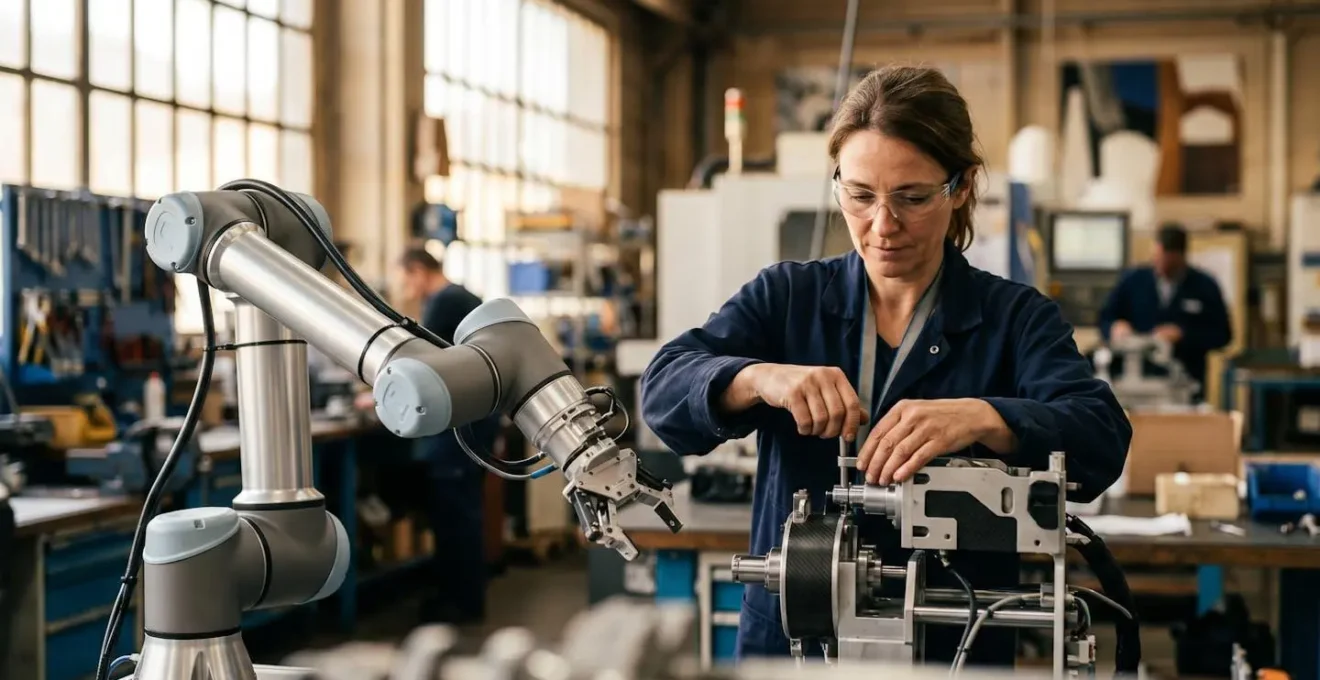 Robot collaboratif moderne travaillant aux côtés d'un opérateur dans une usine française