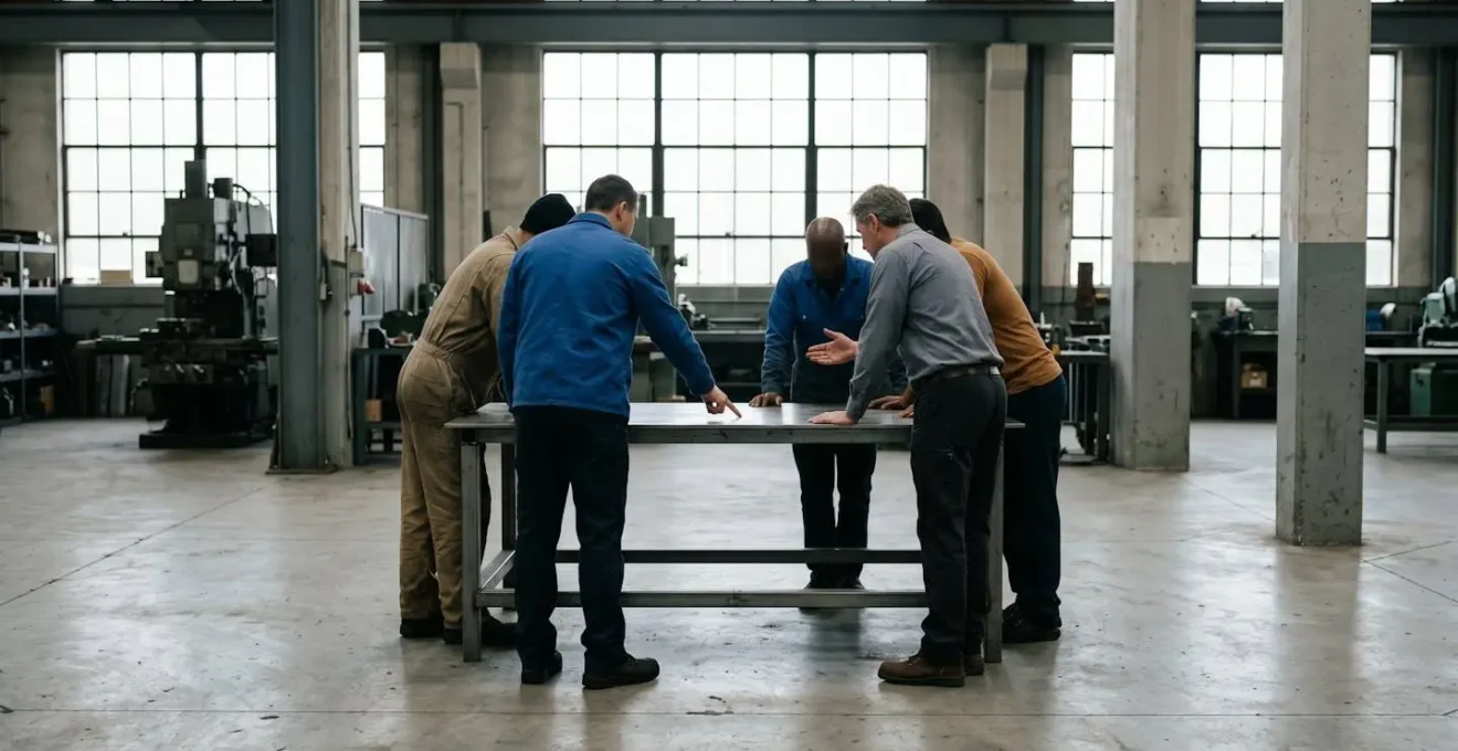 Équipe collaborant sur un projet d'amélioration sécurité collective dans un environnement industriel