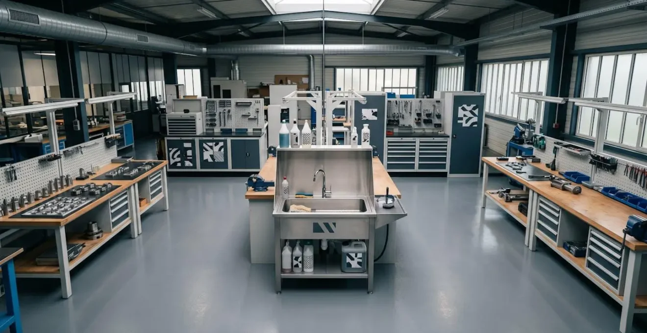 Vue d'ensemble d'un atelier mécanique équipé d'une fontaine de dégraissage moderne et écologique