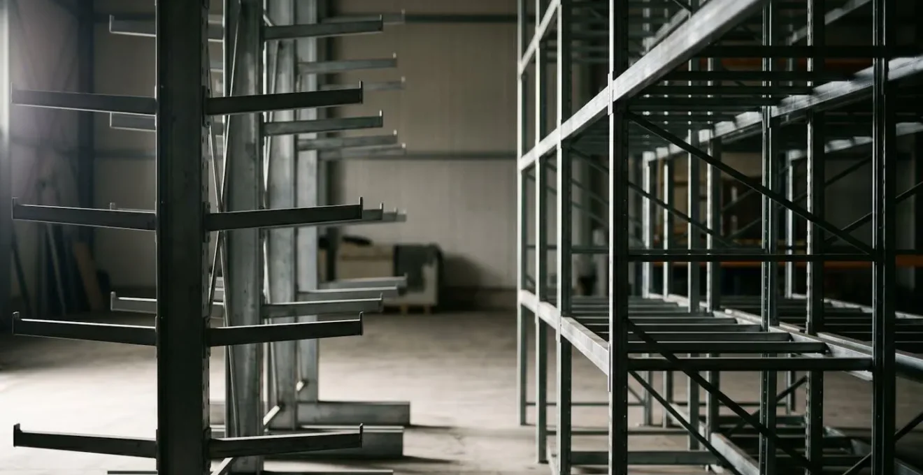 Comparaison visuelle entre système de stockage cantilever et rack à palettes pour charges longues dans un entrepôt