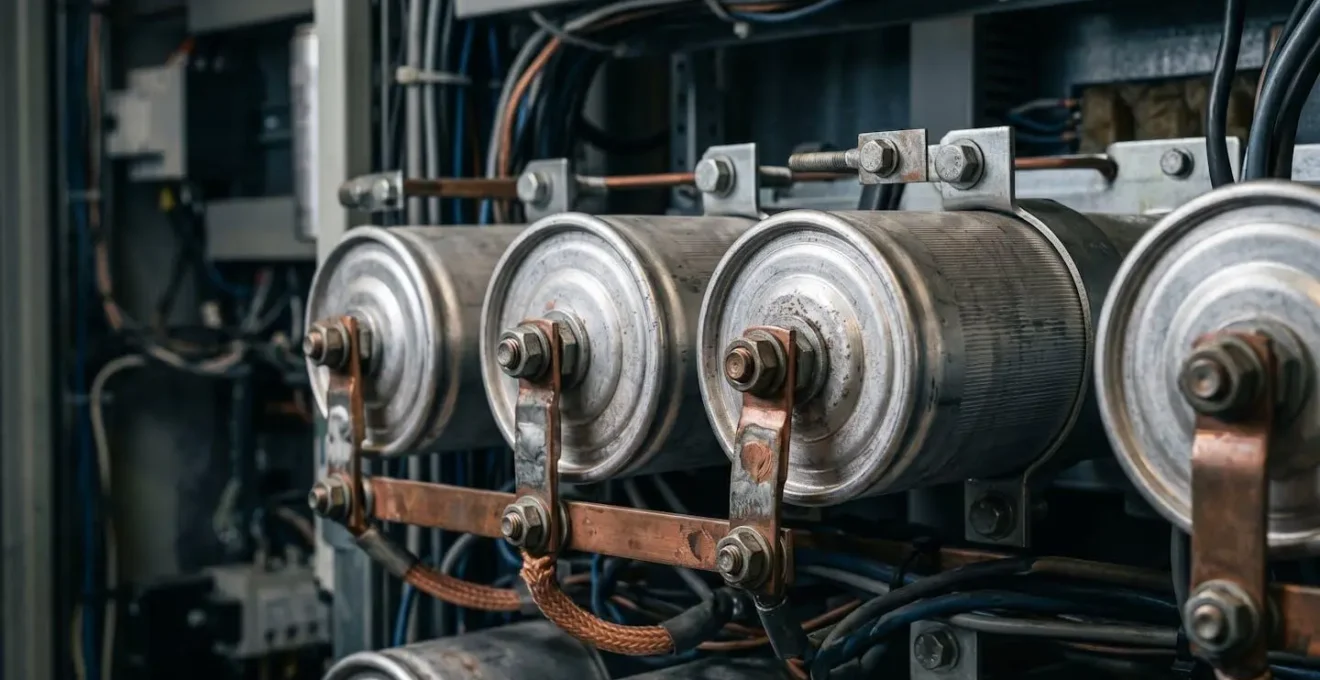 Vue macro d'un banc de condensateurs industriels cylindriques en aluminium, mettant en évidence les textures métalliques et les connexions.