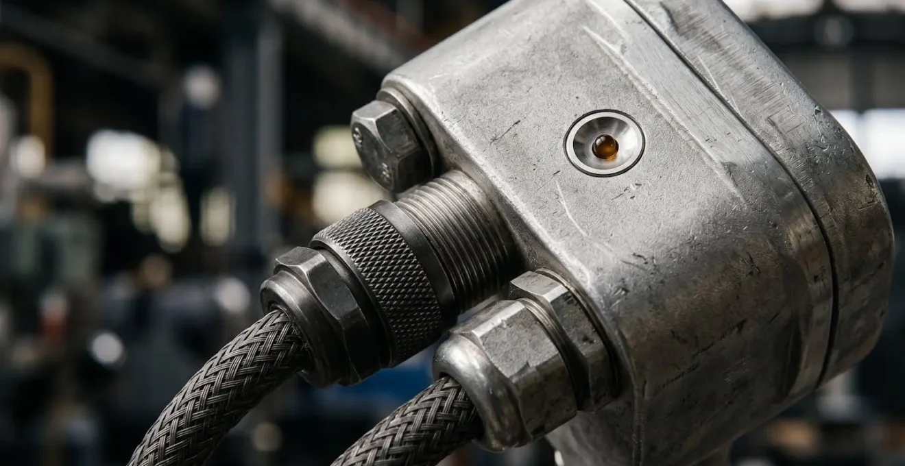 Gros plan macro sur un capteur de mesure énergétique industriel avec détails texturaux