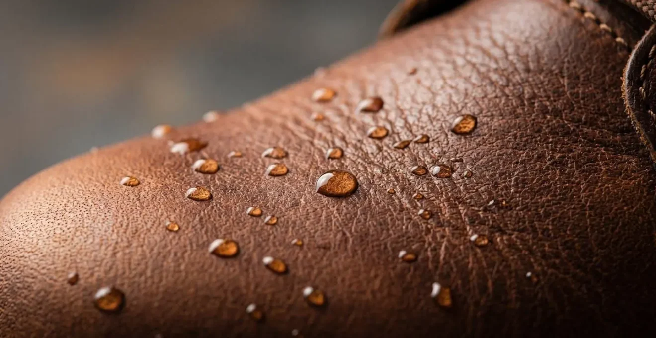 Gros plan sur le cuir d'une chaussure de sécurité professionnelle montrant les détails de texture et de traitement hydrofuge