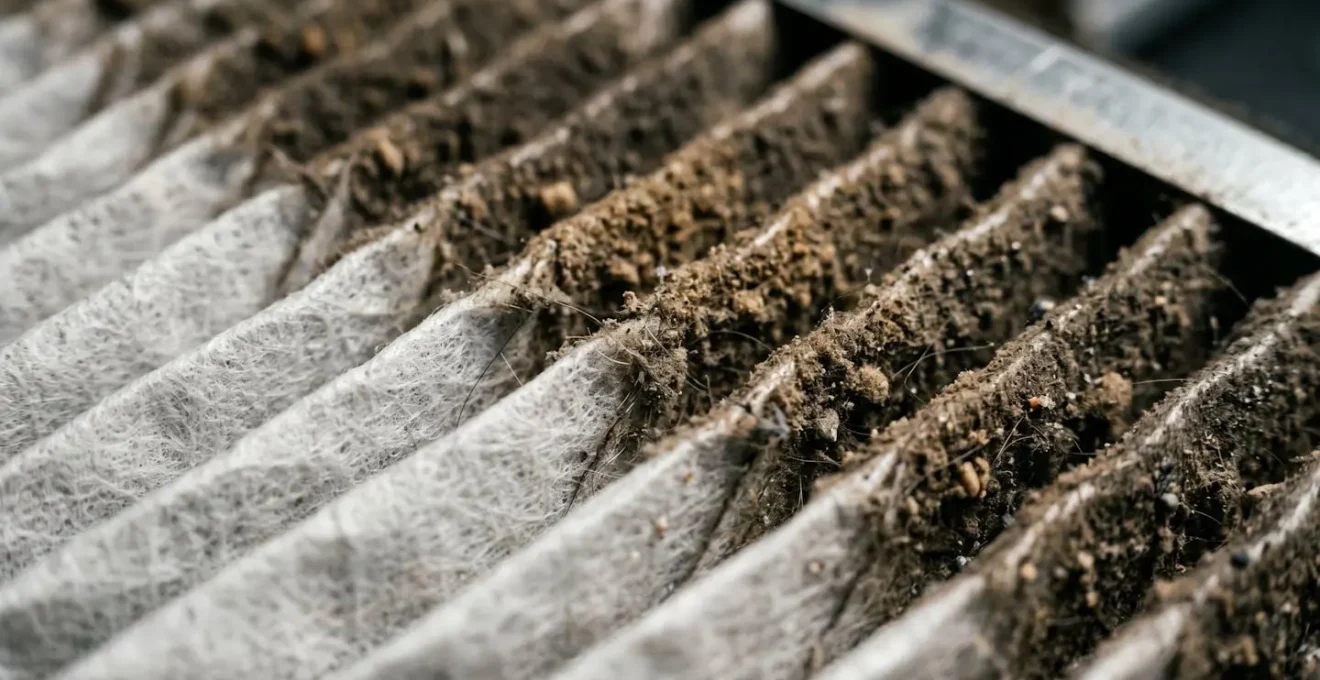 Vue macro d'un filtre d'armoire électrique encrassé montrant l'accumulation de particules de poussière