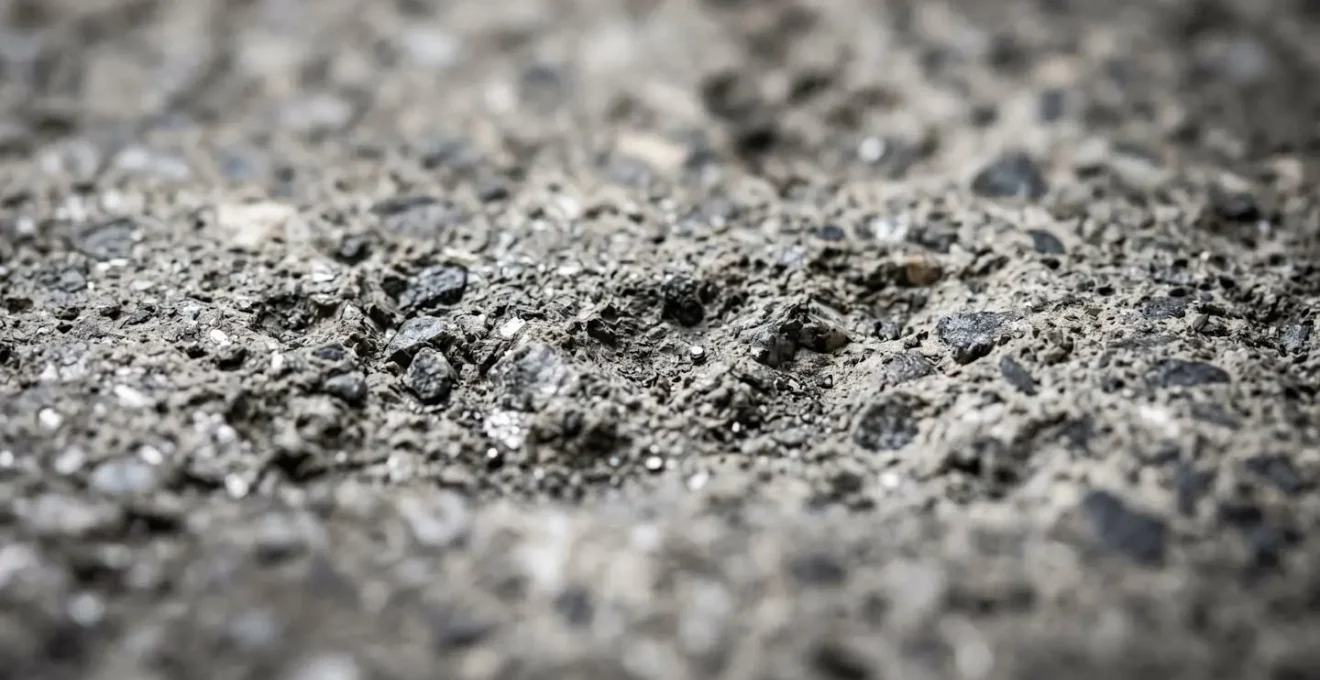 Gros plan macro sur la texture d'une dalle de béton industriel après grenaillage montrant la rugosité créée