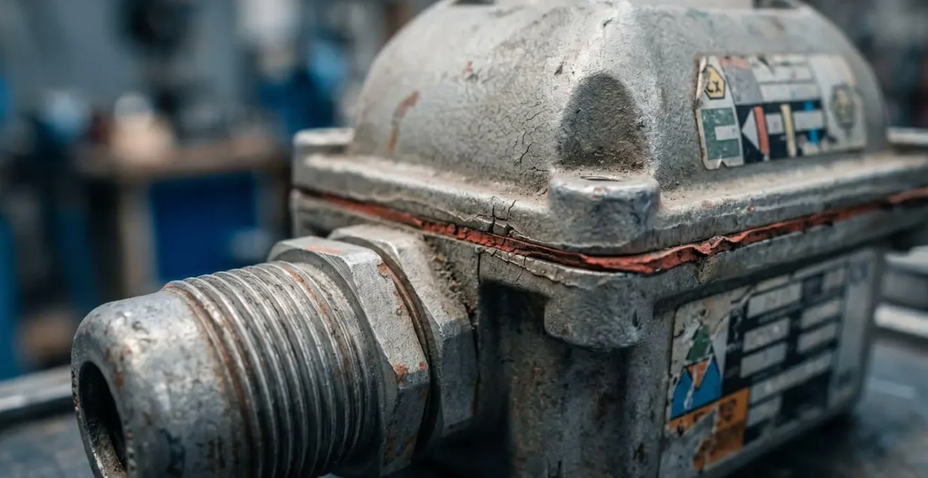 Gros plan d'un luminaire industriel certifié ATEX montrant les points d'inspection critiques pour la maintenance préventive
