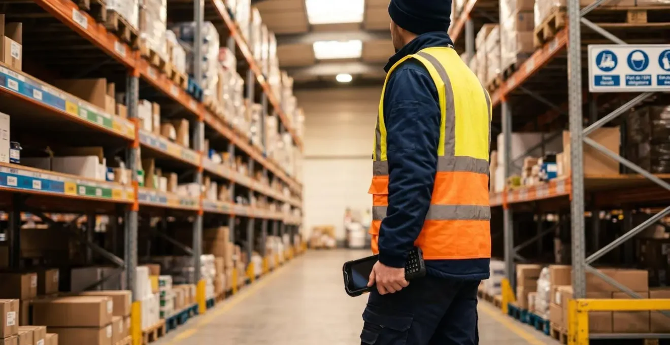 Opérateur effectuant un inventaire tournant avec terminal mobile dans un entrepôt français