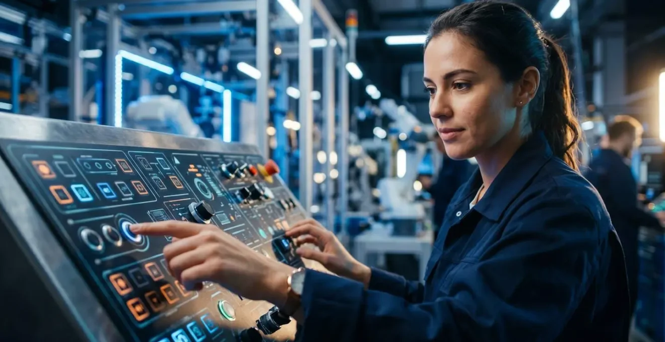 Jeune ingénieur utilisant une technologie moderne dans un atelier industriel innovant