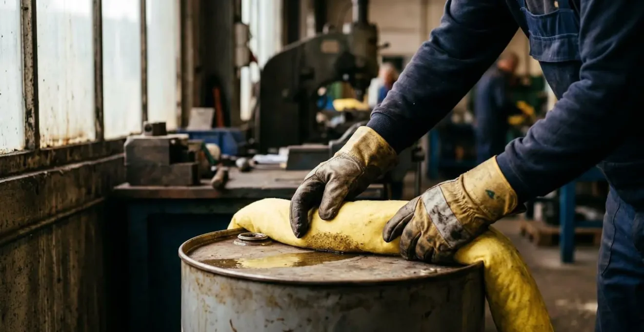 Kit d'urgence anti-pollution chimique pour atelier industriel français avec absorbants et équipements de sécurité