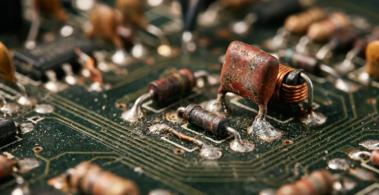 Vue macro rapprochée d'un circuit imprimé industriel ancien avec composants électroniques vieillissants