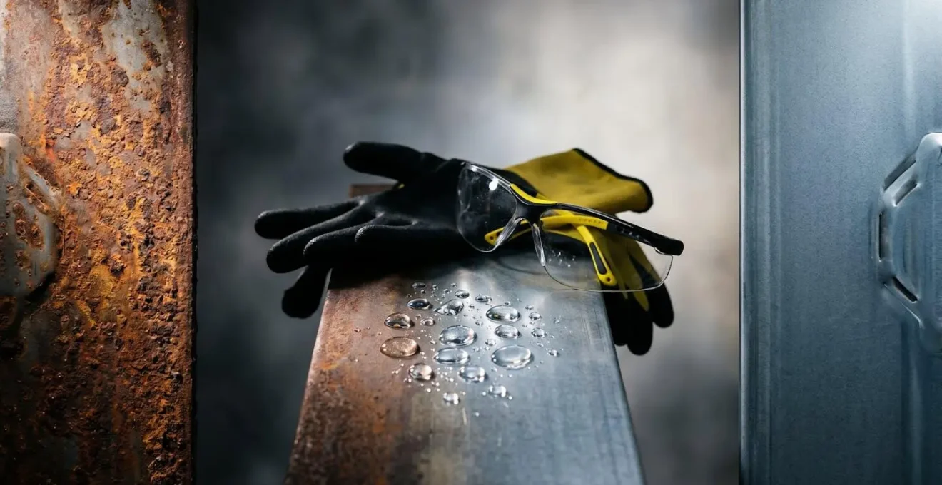 Scène symbolique montrant le contraste entre action chimique et protection du métal lors du nettoyage de cuve, avec éléments de sécurité