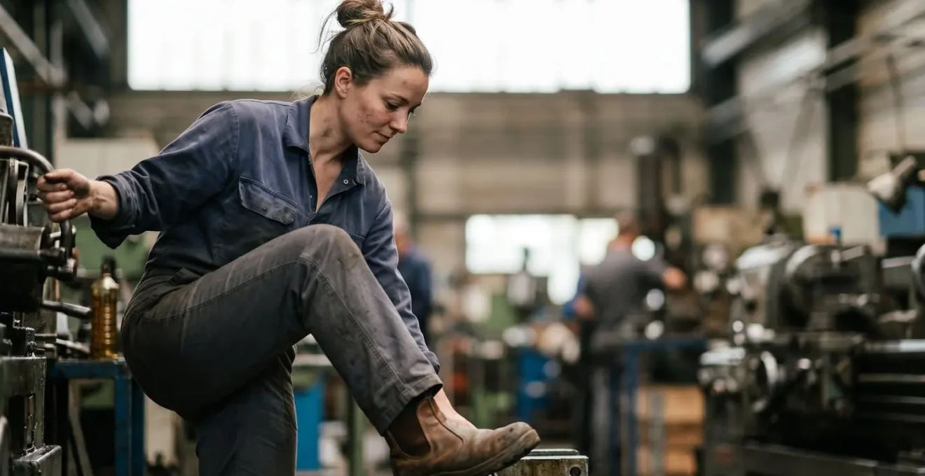 Scène d'atelier industriel français montrant un opérateur en mouvement naturel avec ses équipements de protection