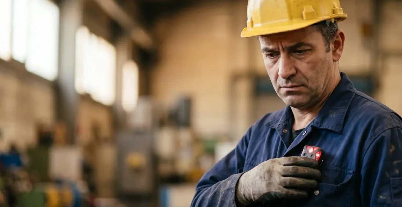 Portrait d'un opérateur industriel confronté à une alarme sonore répétitive de son détecteur de gaz