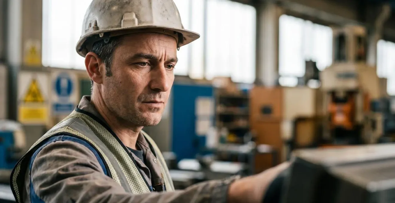Opérateur industriel portant son casque de sécurité avec conviction et engagement personnel authentique