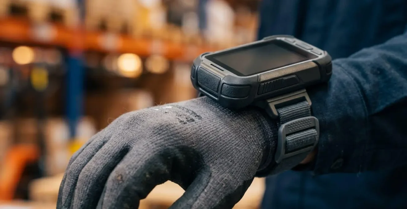Opérateur équipé d'un terminal portable ergonomique dans un entrepôt moderne