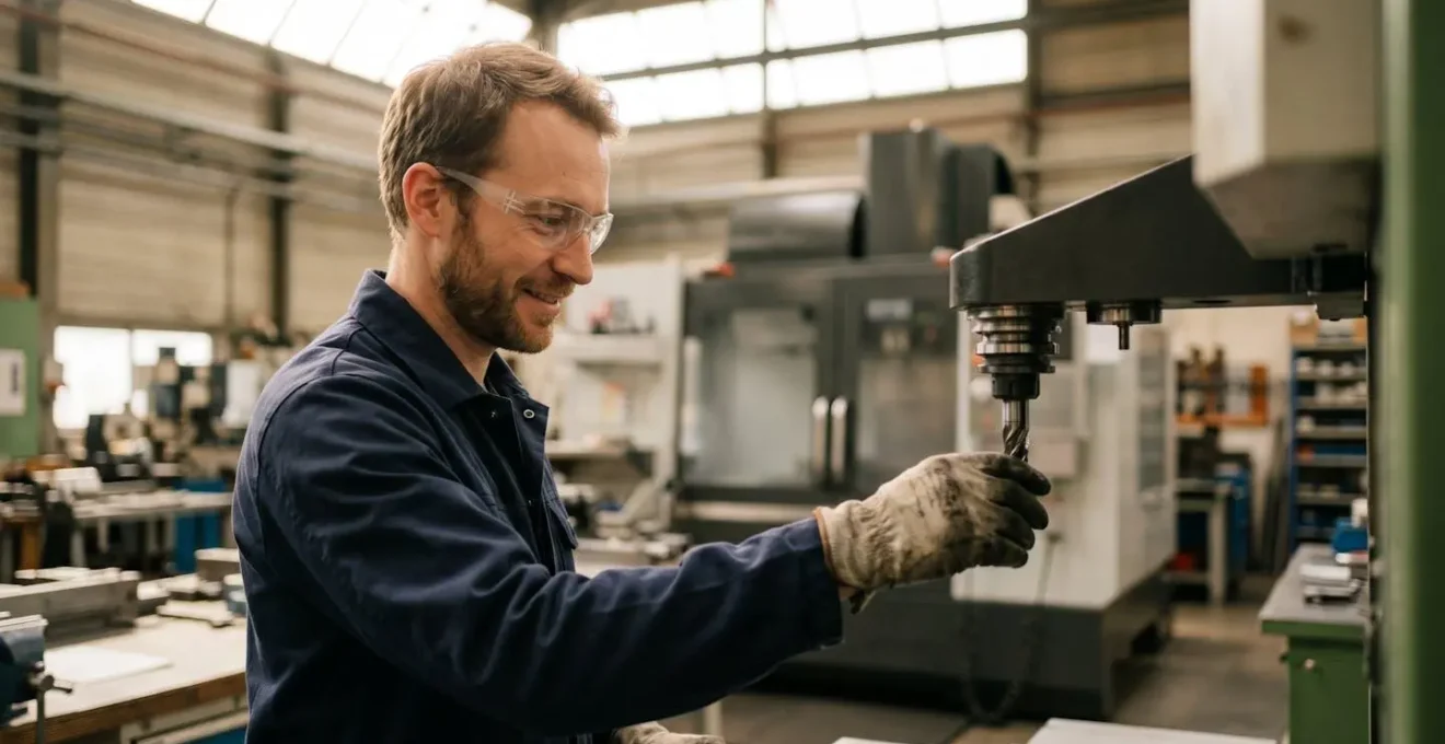 Opérateur technicien concentré lors du réglage d'outils sur centre d'usinage dans un atelier français