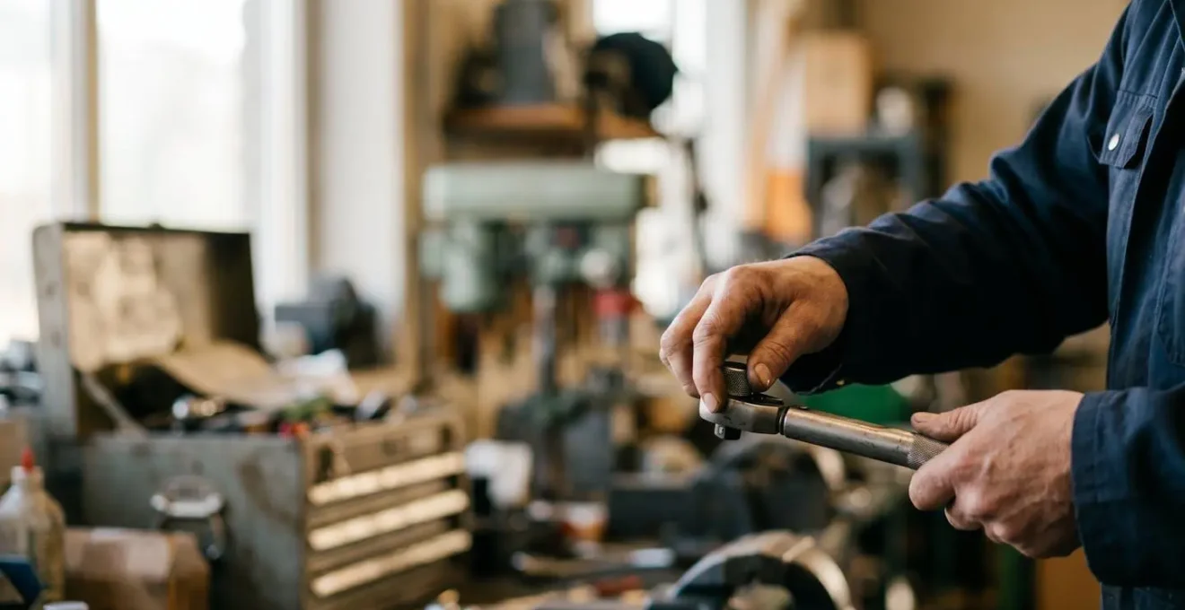 Scène d'atelier montrant le contrôle qualité et la vérification d'outils de précision
