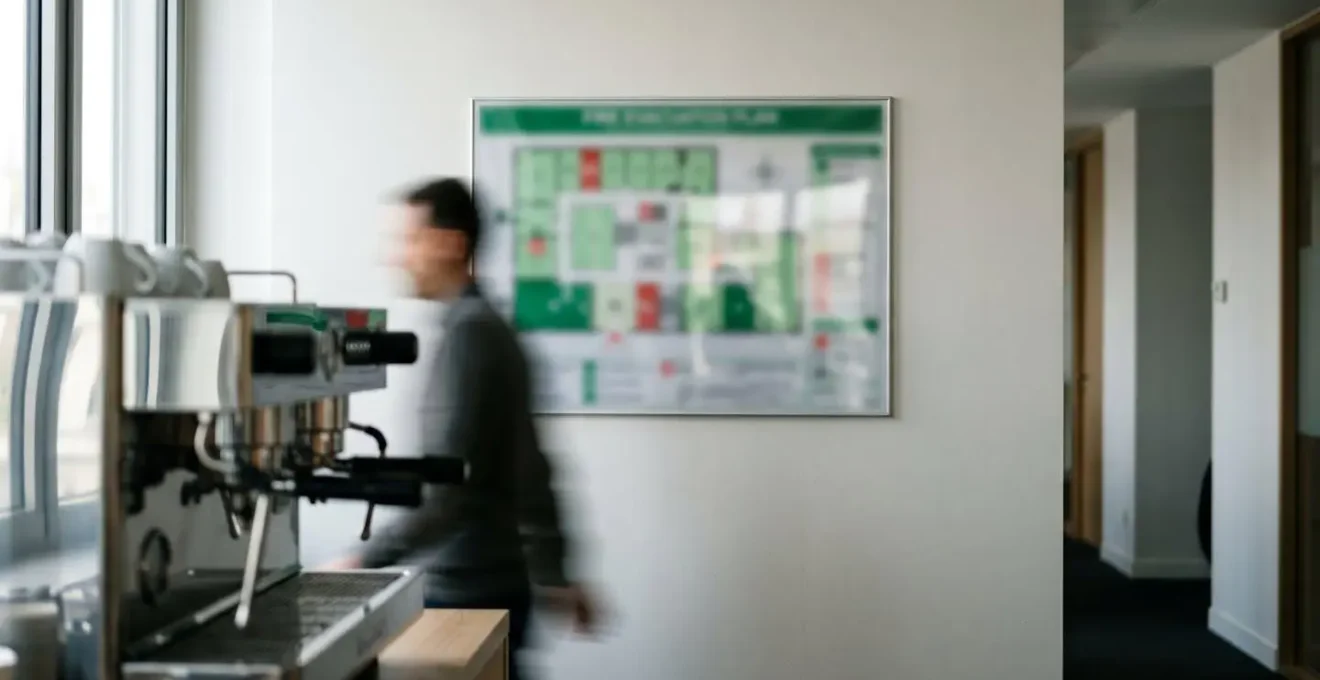 Plan d'évacuation incendie installé dans un espace de pause d'entreprise avec éclairage optimal