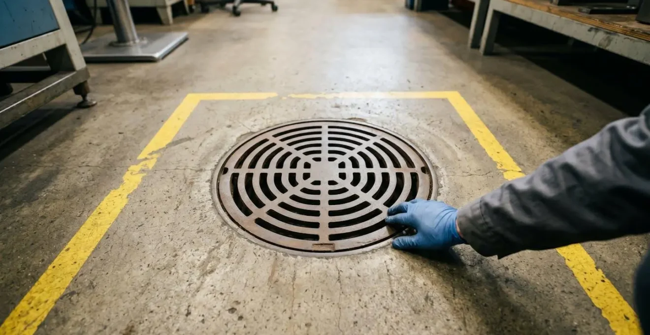 Vue en plongée d'une plaque d'égout industrielle dans un environnement d'atelier français
