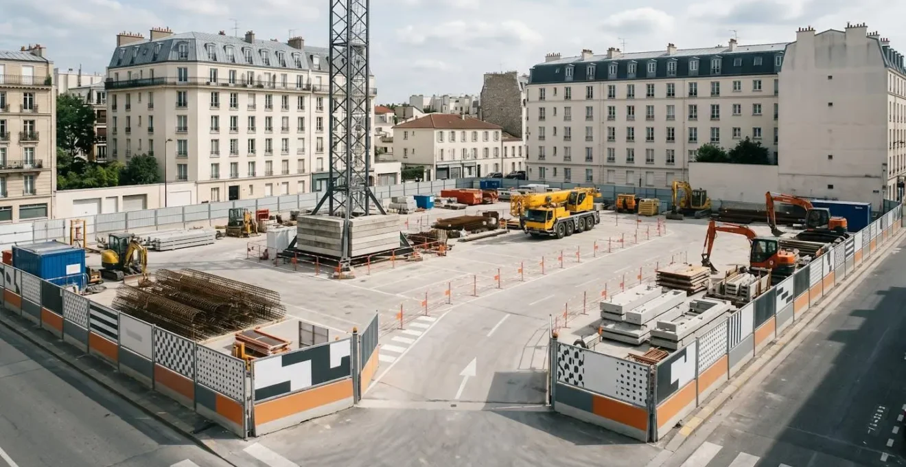 Vue d'ensemble d'une zone de levage bien organisée sur un chantier