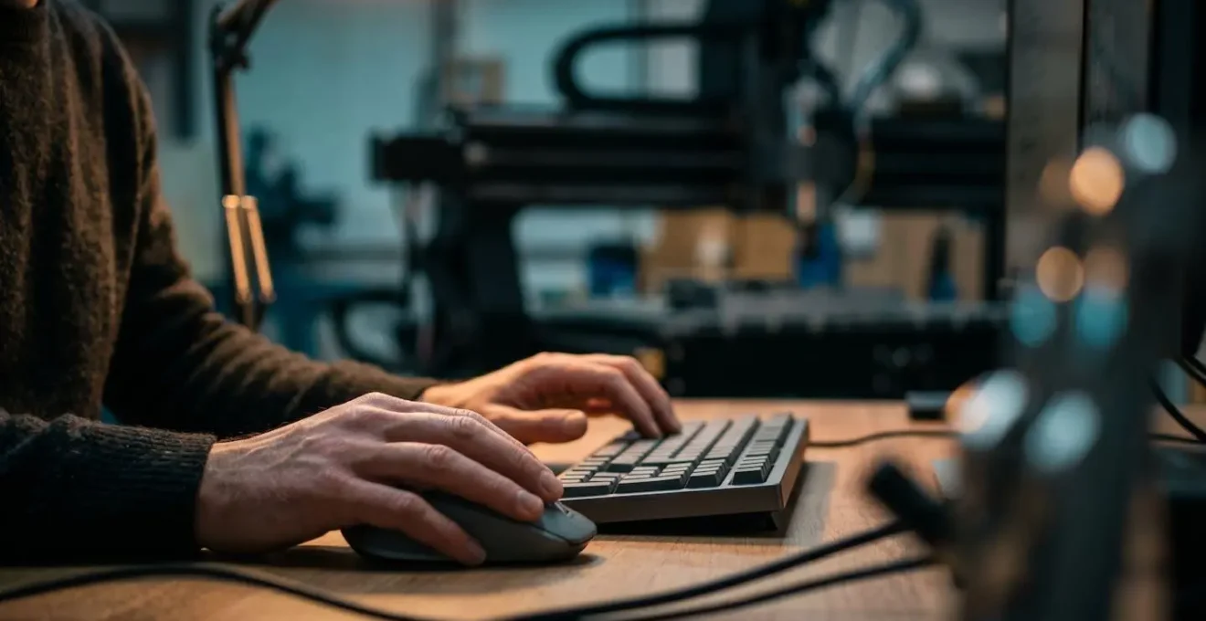 Poste de travail d'ingénieur programmation avec équipement technique en arrière-plan flou