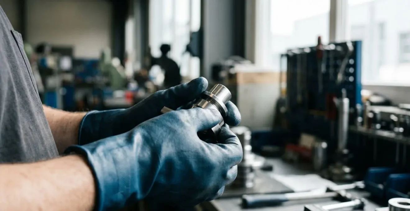 Gros plan sur des mains d'opérateur portant des gants de protection techniques dans un atelier industriel