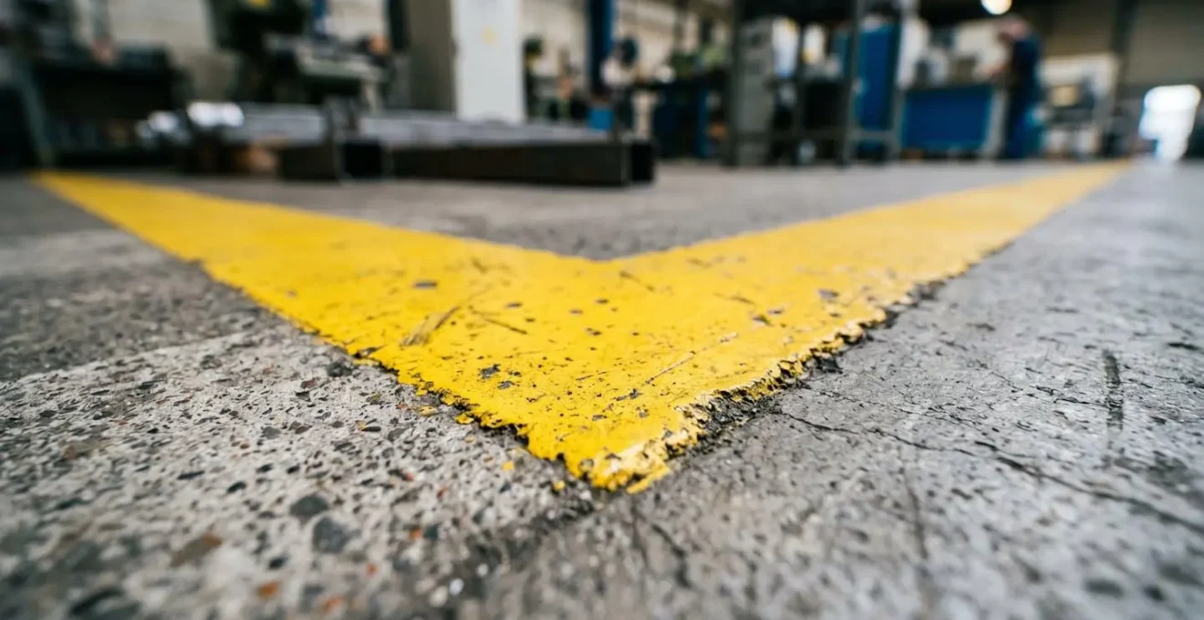 Détail d'un marquage au sol industriel délimitant clairement les voies de circulation dans un atelier de production français