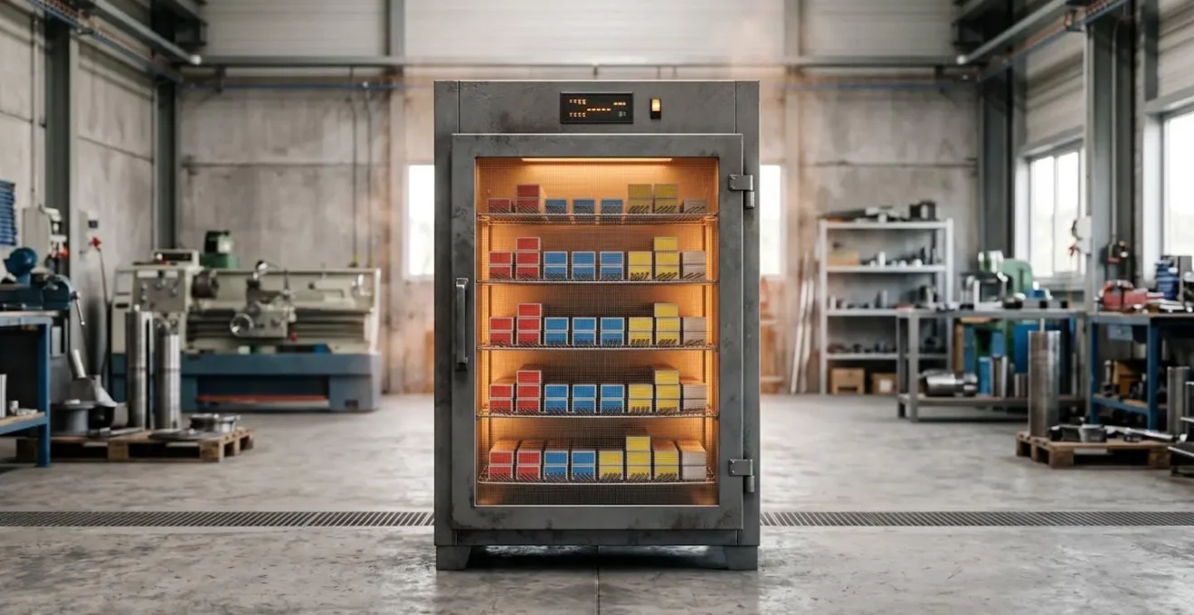 Étuve professionnelle de stockage d'électrodes de soudage dans un atelier métallurgique contrôlé en température