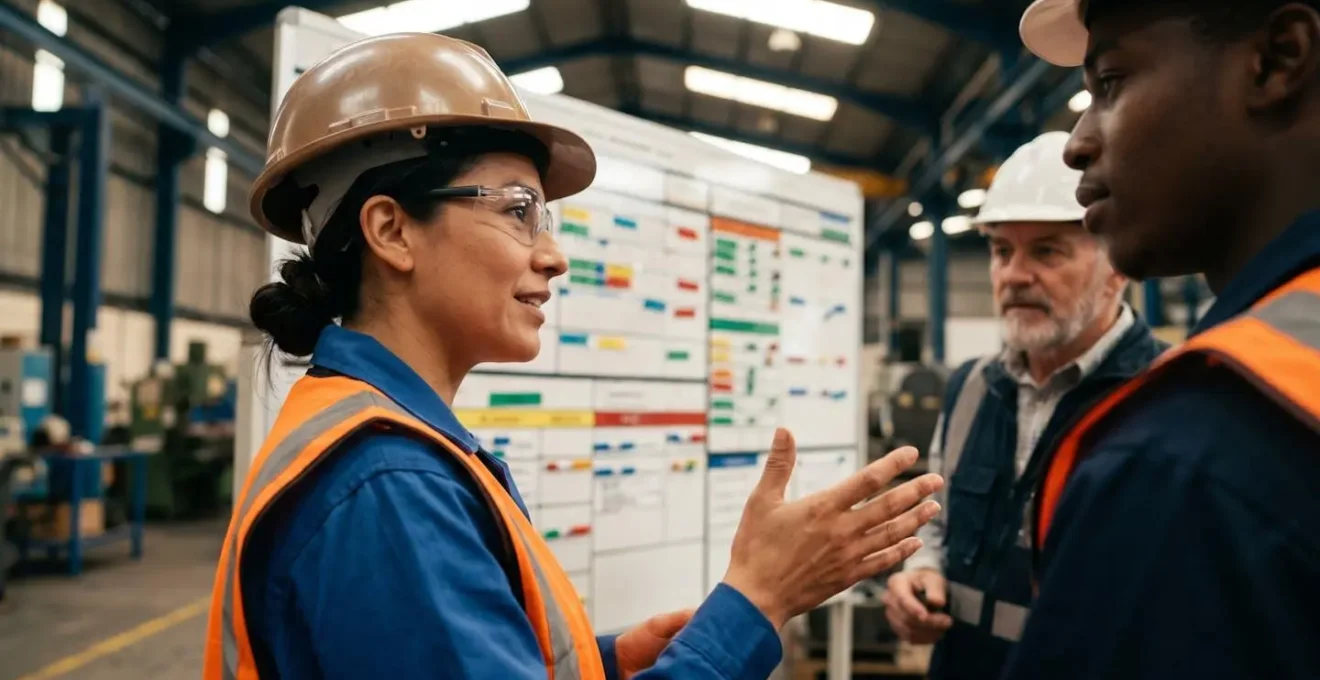 Opérateurs industriels réunis devant un tableau d'animation dans un atelier de production