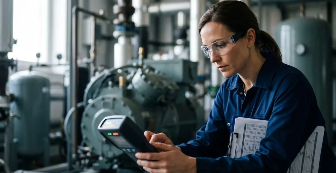 Technicien réalisant un audit énergétique avec équipement de mesure sur installation de compresseurs industriels