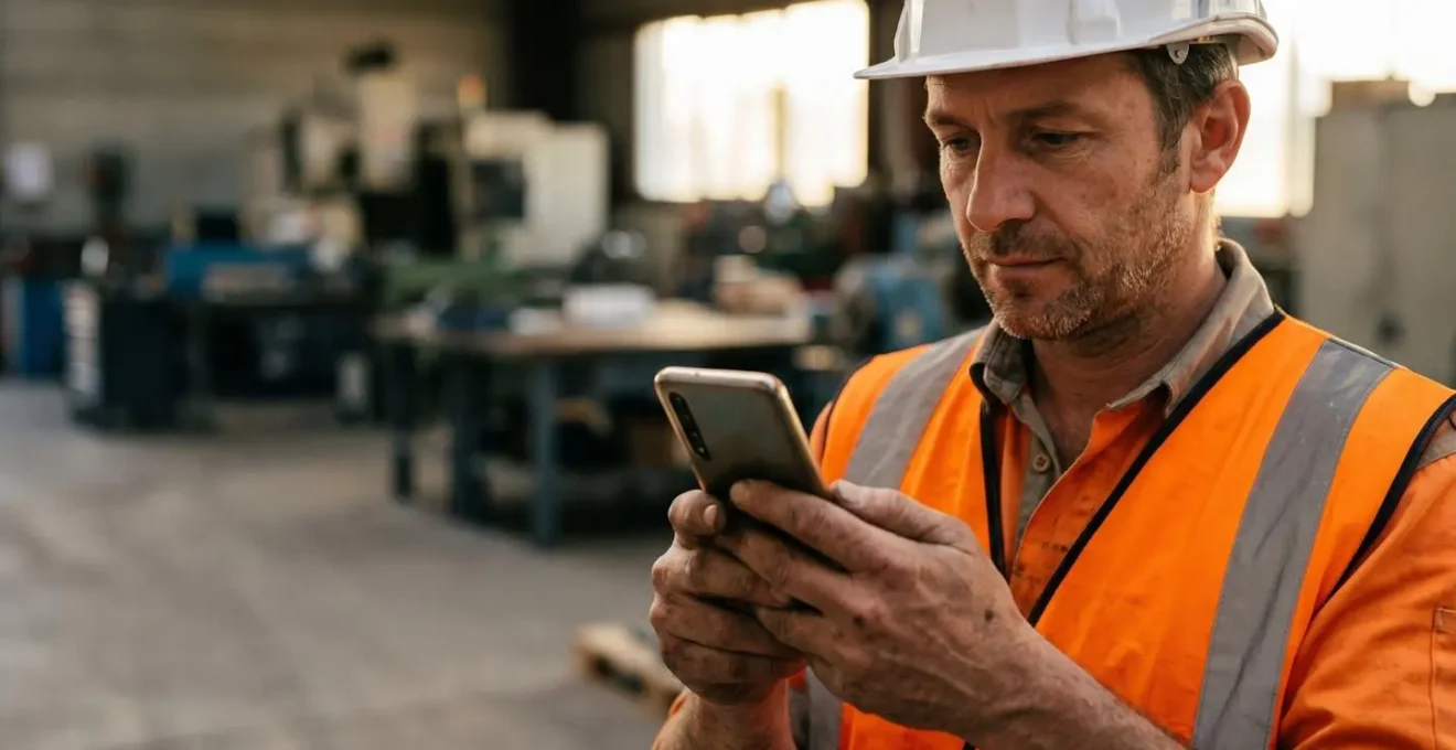 Technicien de maintenance utilisant application mobile GMAO dans atelier industriel français