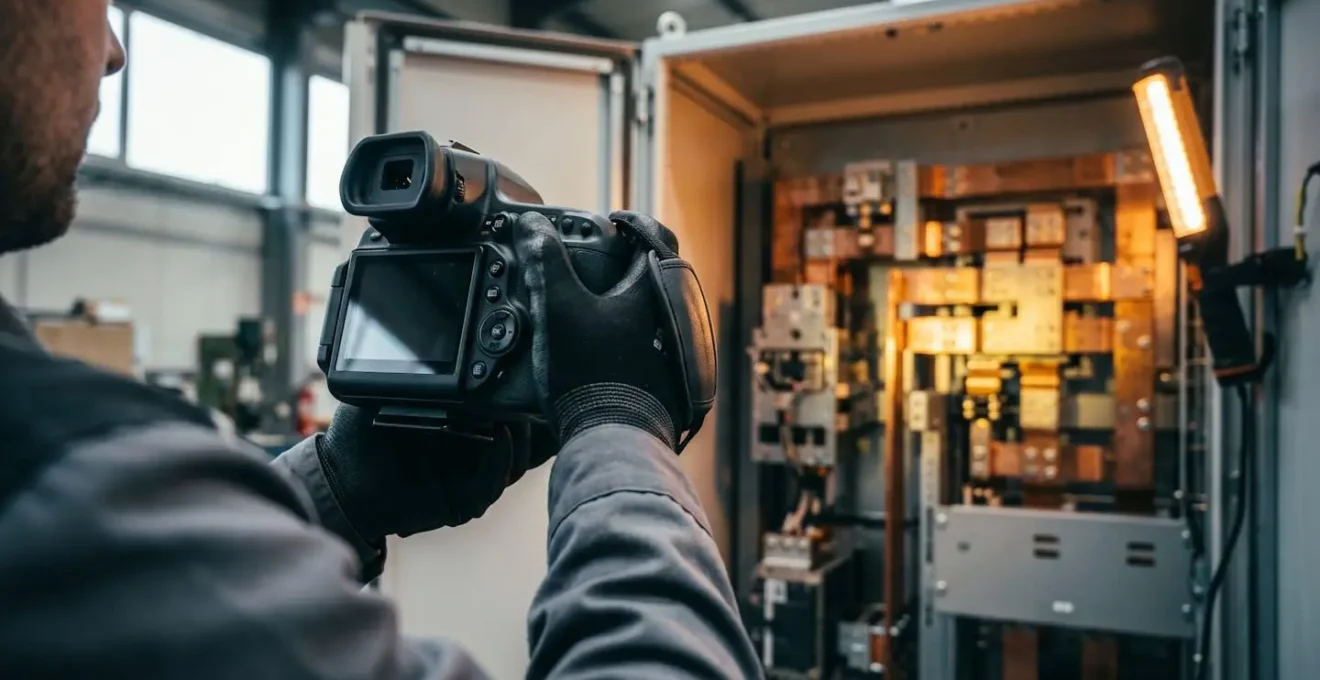 Visualisation conceptuelle d'une inspection thermographique sur armoire électrique industrielle
