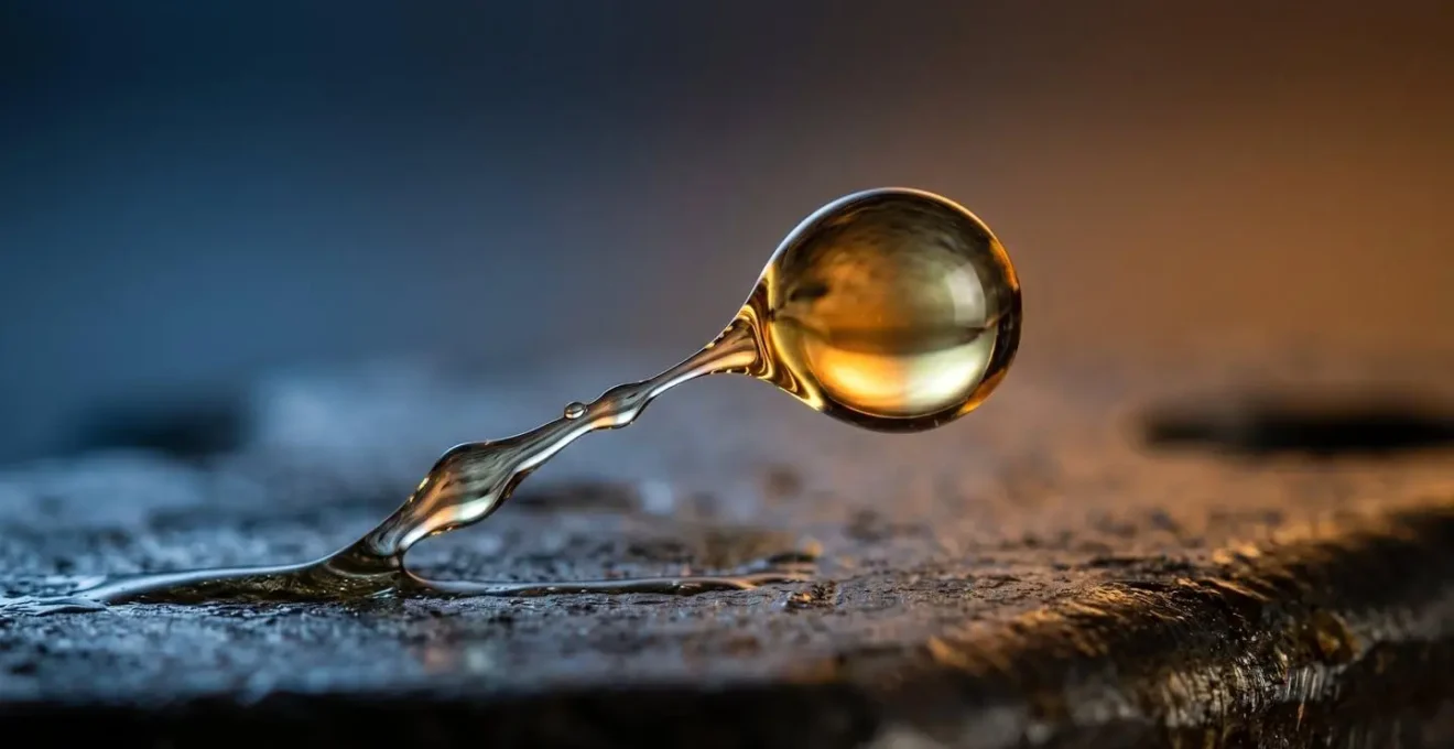 Gros plan macro sur des gouttes d'huile hydraulique montrant la différence de viscosité selon la température