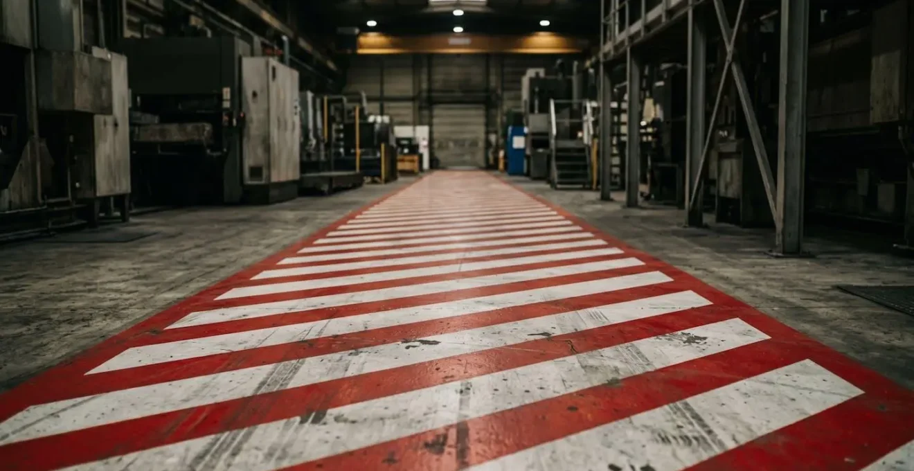 Plan moyen sur une voie pompier marquée au sol avec hachures rouges et blanches dans un atelier français